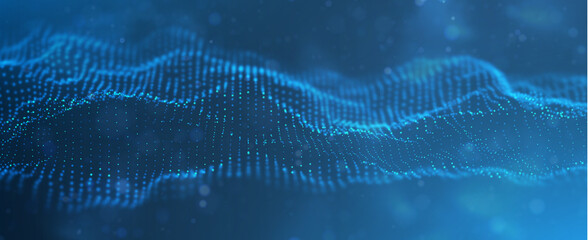Wall Mural - dynamic blue particle wave. abstract sound visualization. flow digital structure. mesh landscape or 