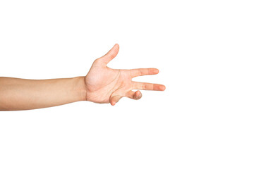 Wall Mural - Close up of confused hand gesture isolated with white background. WTF hand gesture, surprised hand gesture