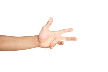 Wall Mural - Close up of reaching hand isolated with white background. Angry hand gesture. 