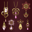 gold jewelry with ornaments and precious stones pendants, necklaces, hearts, flowers