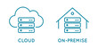 © Tasha Vector - On-premise and cloud service line icon. Local network and cloud based solutions. In house infrastructure vs global network. Virtual and physical data storage. Vector illustration, flat, clip art.
