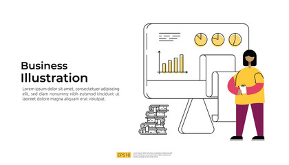 data management and report with graph chart on PC screen and character illustration. big data science concept with flat style