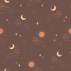 Wall Mural - seamless pattern with hands, moon and sun on brown background. bohemian vector illustration. black a