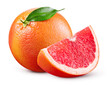 Grapefruit isolated. Pink grapefruit with leaf. Whole grapefruit with slice on white. Grapefruit slices with zest isolate. With clipping path. Full depth of field.