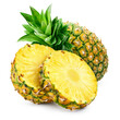 Pineapple isolated. Whole pineapple with round slices and leaves. Whole and cut pineapple on white. Full depth of field.