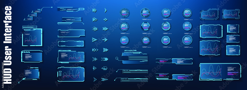 Futuristic user interface elements button, frame, arrow. Holographic ...