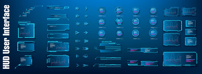 Futuristic user interface elements button, frame, arrow. Holographic elements of the hud user interface, futuristic hologram panels with windows  HUD elements display
