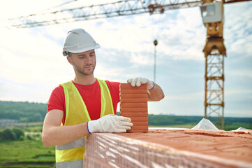 Poster - Focused experienced builder testing a perforated red brick