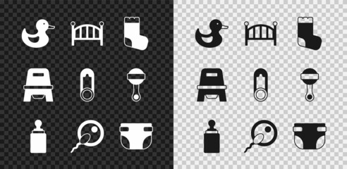 Set Rubber duck, Baby crib cradle bed, socks, bottle, Sperm, diaper, potty and clothes pin icon. Vector