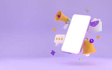 Wall Mural -  Smartphone Trend Social Media Platform, online social communication applications concept, message, notification and chat bubble floating with smartphone on violet background. 3d rendering