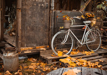 Vintage Bicycle Leaning On Wooden Wall Of Old Atmospheric Country House On Beautiful Autumn Day