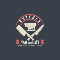 Wall Mural - Vintage Retro Butcher Shop Logo Design. With crossed cleavers or knives, goat or sheep, and cow icons. Premium and luxury logo