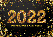 Appy Holidays And Warm Wishes Banner With Shimmer Golden 2022 Numbers On Black Background With Scattered Geometric And Foil Paper Confetti. Vector Illustration