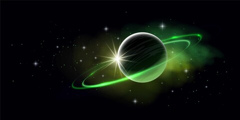 Wall Mural - Vector Beautiful Space Horizontal Illustration of Green Planet w