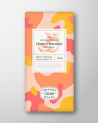 Wall Mural - Apricot Chocolate Label. Abstract Shapes Vector Packaging Design Layout with Realistic Shadows. Modern Typography, Hand Drawn Fruit Silhouette and Colorful Camouflage Pattern Background. Isolated