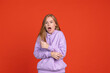 © Lustre Art Group  - Half-length portrait of scared and shocked young girl isolated on red studio background. Concept of human emotions