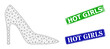 Mesh high heel lady shoe image, and Hot Girls blue and green rectangle grunge stamp seals. Mesh carcass illustration based on high heel lady shoe pictogram.