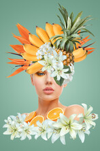 Abstract Art Collage Of Young Woman With Fruits And Flowers