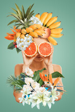 Abstract Art Collage Of Young Woman With Fruits And Flowers