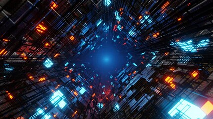 3D Big Data Digital City with futuristic matrix. Digital Binary code particles network. Technological and connection motion background. 4K loop animation