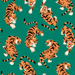 Hand drawn abstract tiger. Tiger walk. Japanese or Chinese oriental style. Trendy colored Vector illustration. Square seamless Pattern. Background, wallpaper, textile print template