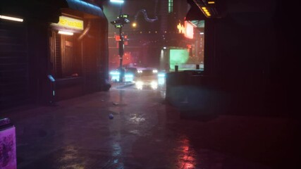 Sticker - A rainy evening street of the cybernetic neon city of the future. Walk through the city of the future. The animation is perfect for futuristic, fiction, cyber and sci-fi backgrounds.