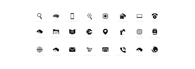 Information technology (IT) related icon collection set for web print electric media , personal business websites. Vector black Iconic pictogram design with brain , magnifying glass, network etc.