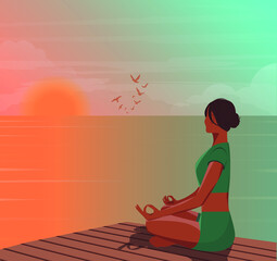 Wall Mural - Digital illustration of a beautiful yogi girl on vacation in bali doing yoga on a hakata background meditating relax retreat