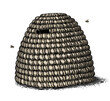 Isolated old style hand drawn straw hive and two bees