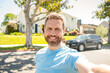 © Olena - selfie. express positive emotions. happy man with beard making selfie photo. male face portrait