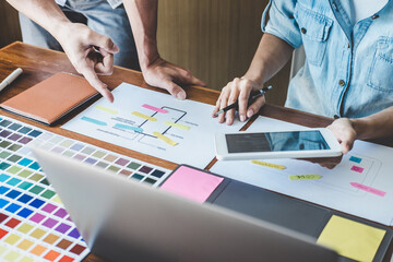 Wall Mural - team of creative web/graphic designer planning, drawing website ux app for mobile phone application 
