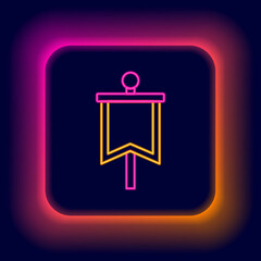 Poster - Glowing neon line Medieval flag icon isolated on black background. Country, state, or territory ruled by a king or queen. Colorful outline concept. Vector