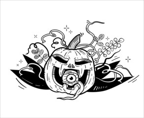 Hand-drawn vector illustration. Scary halloween pumpkin for t-shirt print, poster, flyer, invitation. Black outline