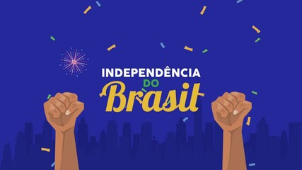 Sticker - independence brazil lettering with fist and confetti animation