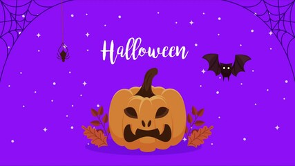 Sticker - happy halloween lettering with pumpkin and bat animation