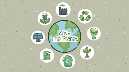 Poster - save the planet lettering with earth and icons around