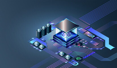 Wall Mural - electronic cpu digital chip. abstract computer hardware or electronic components on motherboard. tec
