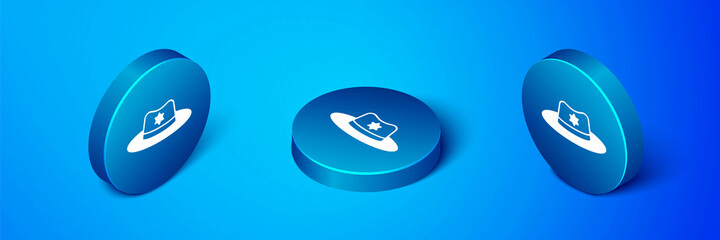 Sticker - Isometric Sheriff hat with badge icon isolated on blue background. Blue circle button. Vector