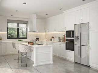 Side view of a white wooden luxury kitchen with a white marble island with chairs. 3d rendering
