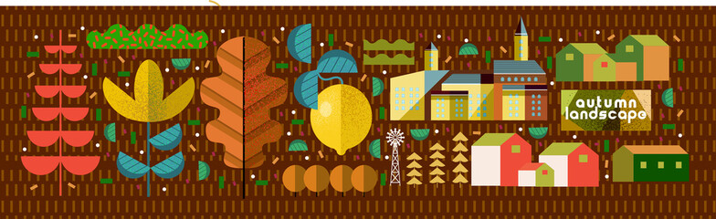 Wall Mural - Autumn objects. Vector abstract illustrations of nature, leaves, houses, trees, lemon, harvest, farm and trees.
