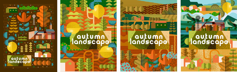 Wall Mural - Autumn landscape. Vector illustration of orange nature, city, trees, leaves, house, forest, harvest, lemon and objects. Drawings for poster, background or cover