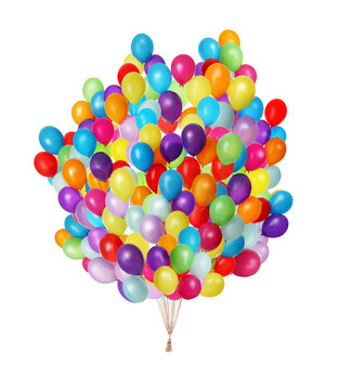 big bunch of bright balloons on white background