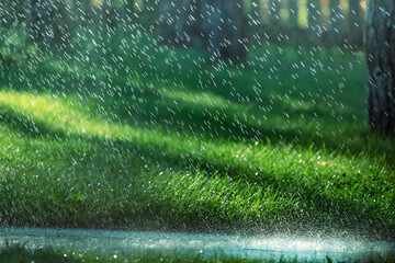 Wall Mural - Raindrops fall on the asphalt and green grass.