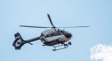 Police Helicopter Black And White. Modern, Equipped With The Latest Equipment.