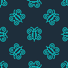 Green line Butterfly icon isolated seamless pattern on blue background. Vector