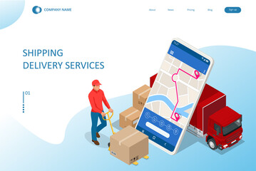 Wall Mural - Isometric Logistics and Delivery concept. Delivery home and office. City logistics. Smart technology concept with global logistics partnership