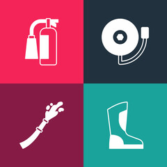 Poster - Set pop art Fire boots, hose reel, Ringing alarm bell and extinguisher icon. Vector