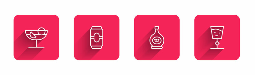 Sticker - Set line Cocktail, Beer can, Bottle of cognac or brandy and Wine glass with long shadow. Red square button. Vector