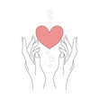 Dłonie trzymające czerwone serce. Koncept miłości, przyjaźni, dobroczynności, darowizny. Minimalistyczny design na walentynki, kartki okolicznościowe, wesele, małżeństwo. Ilustracja wektorowa.