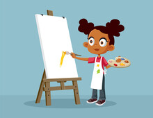 Little African School Girl Painting Vector Cartoon